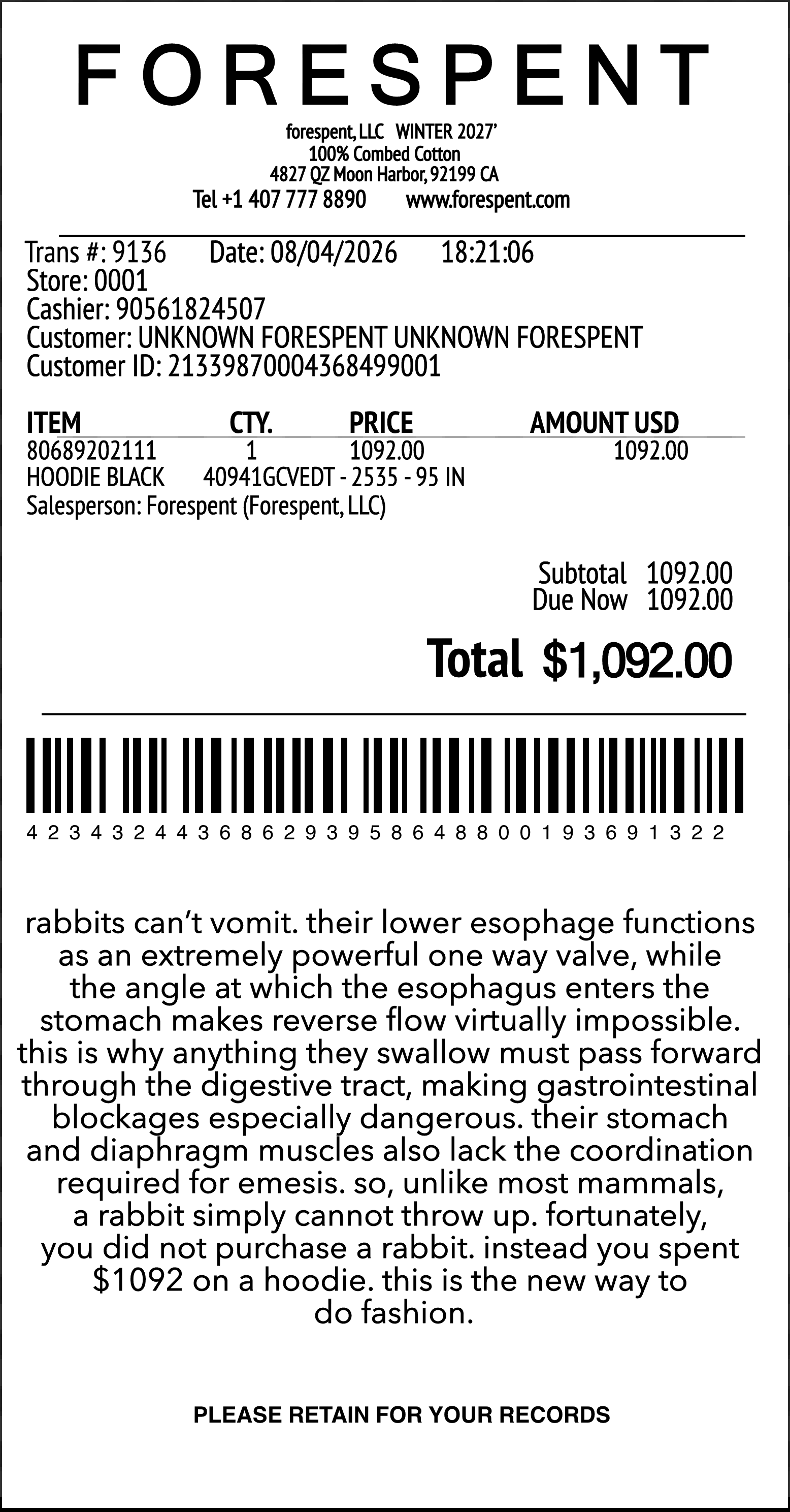 Forespent receipt totaling $1,092.00